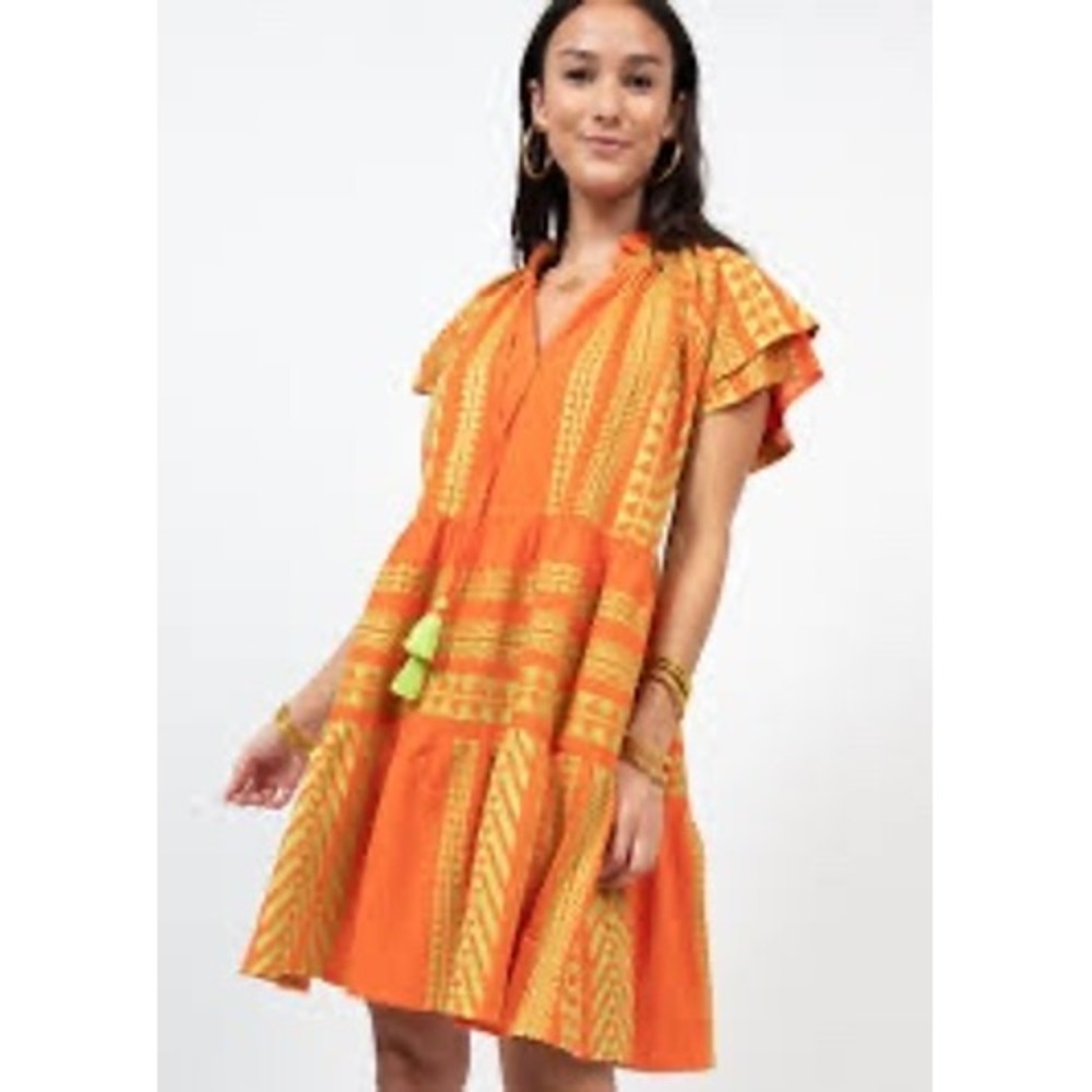 Uncle Frank Dress Women Medium Orange Excellent Tiered Geometric Tassel Boho
